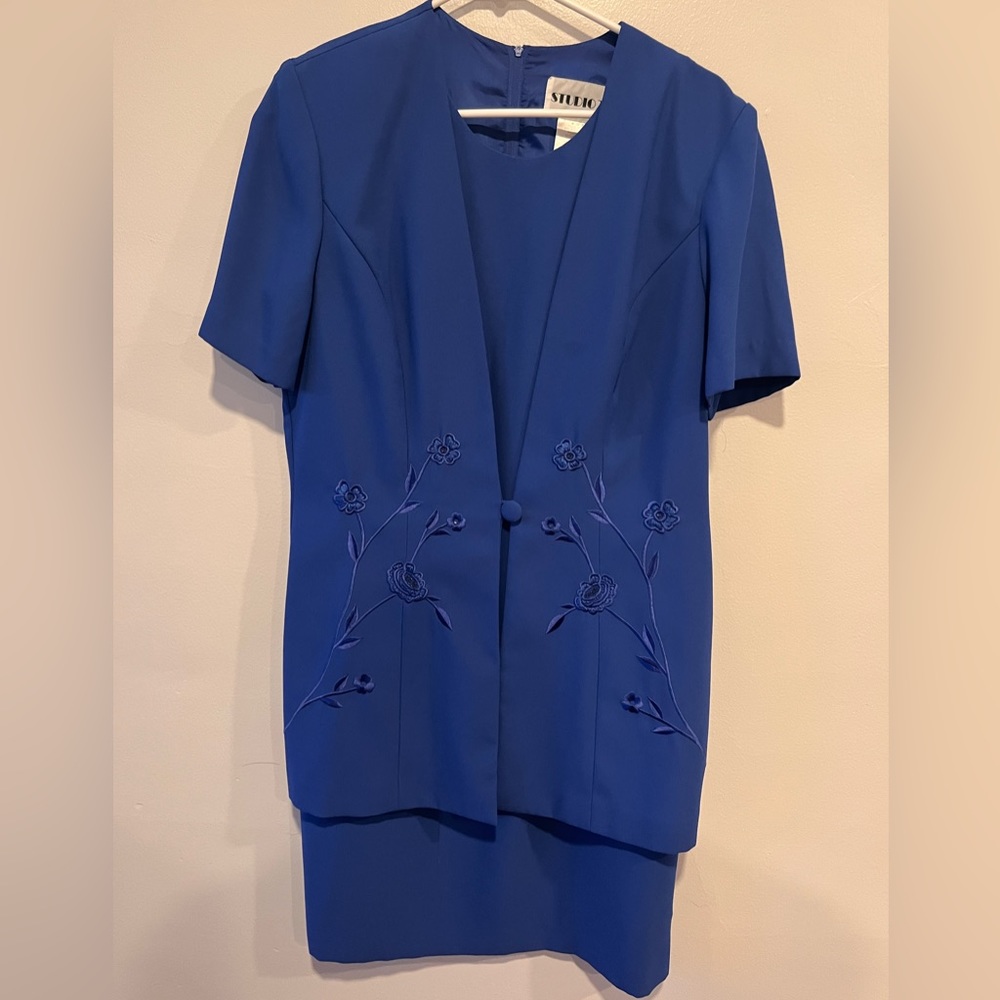Blue Embroidered Midi Dress w/ Attached Jacket - Size 16